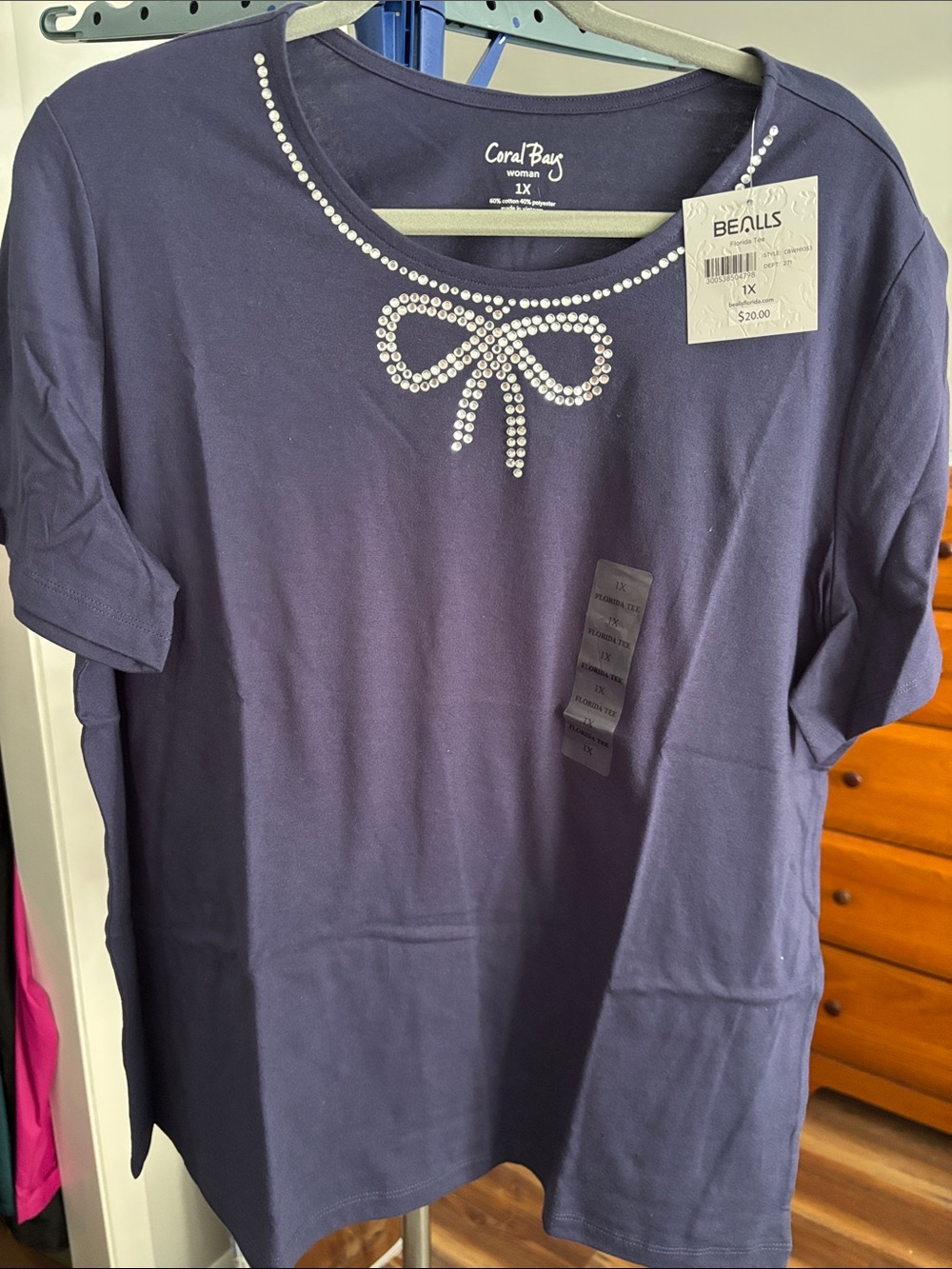 Coral Bay Navy Short Sleeve Tee with Diamond look Bow Accent